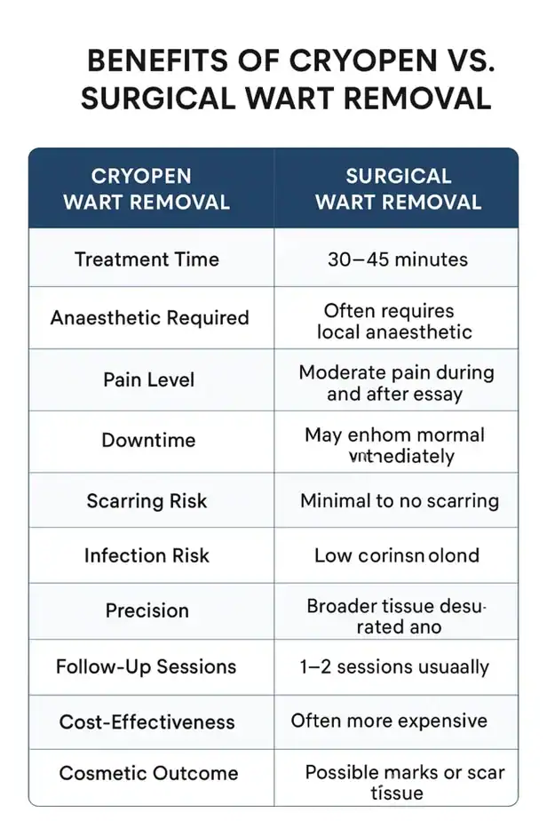 Table showing the benefits of cryopen to remove warts Hampshire compared to surgical treatment